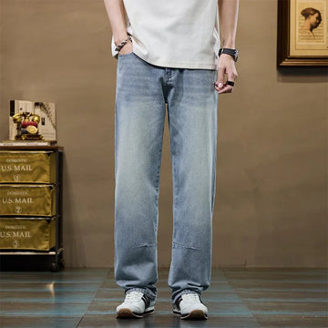 Men's Elastic-Waist Straight Loose Fit Denim Pants - Solid Color Casual Streetwear Jeans with Comfort Stretch